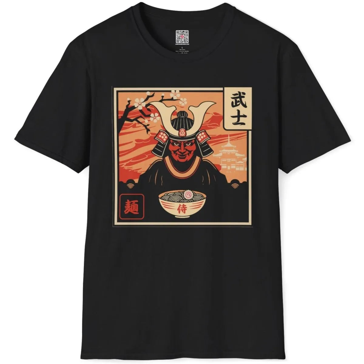 Flatlay of black shirt with bold samurai, noodles, cherry blossoms, ramen t-shirt, modern tradition.