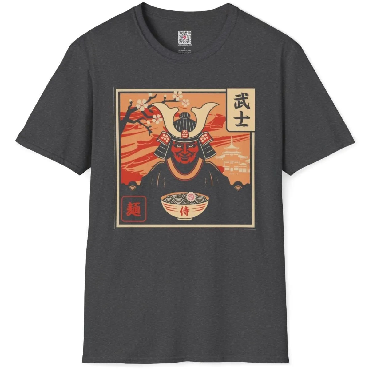 Flatlay of dark heather shirt with samurai, pagoda, noodles, ramen t-shirt, traditional japanese art.