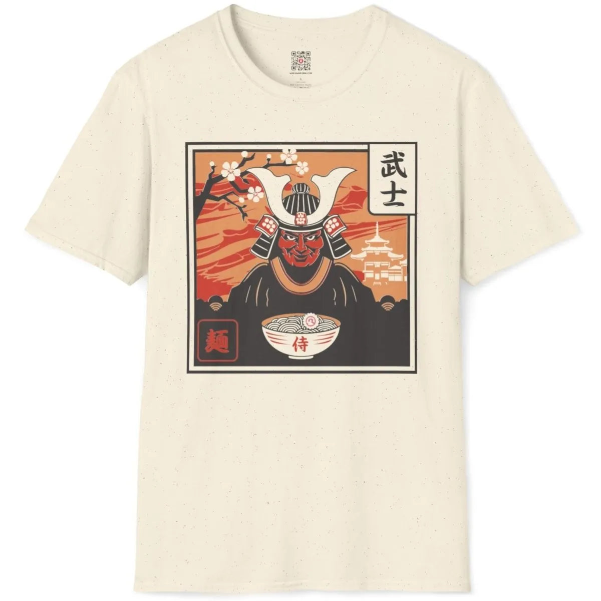 Flatlay of natural shirt with samurai, cherry blossoms, noodles, japanese t-shirts, cultural pride.