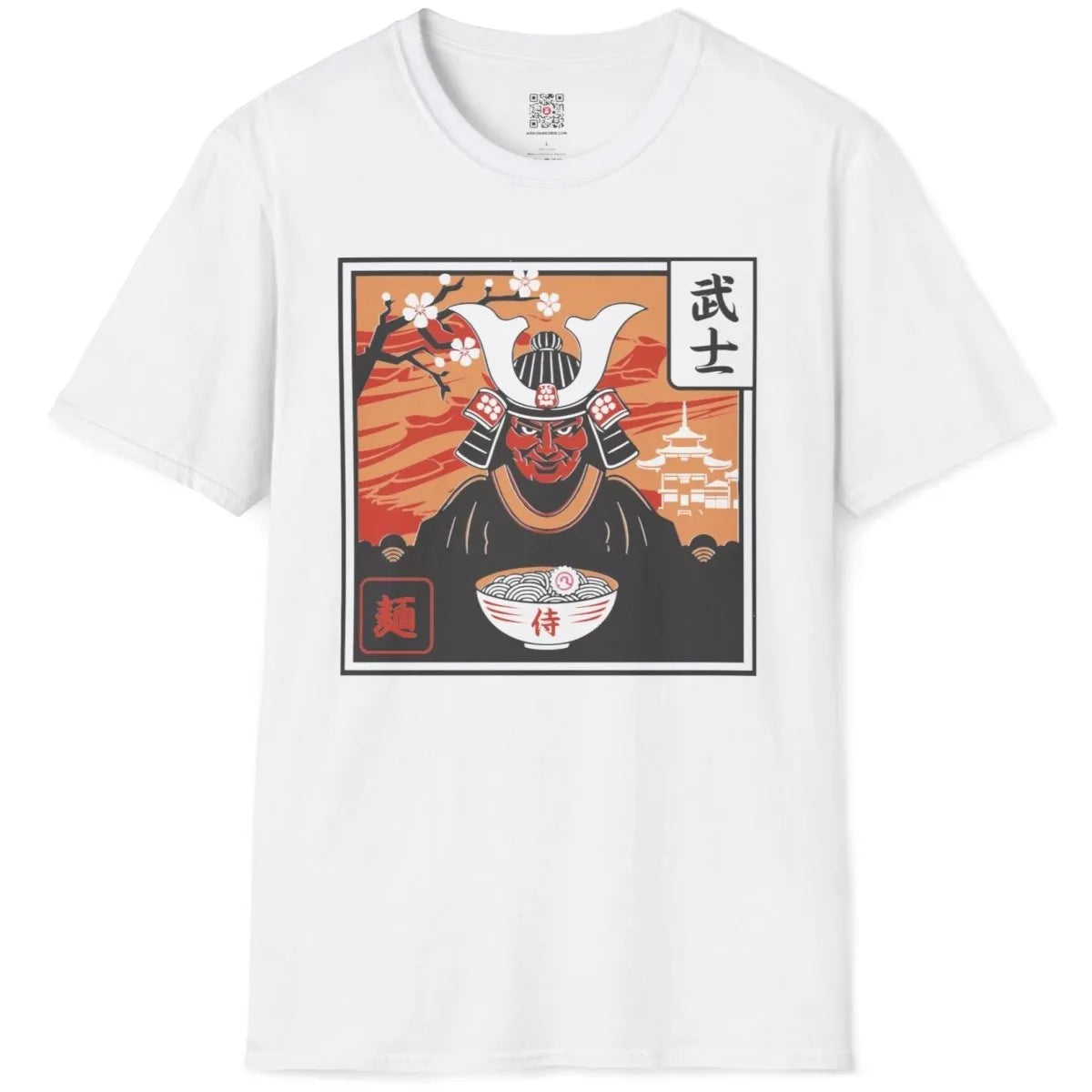 Flatlay of white shirt with fierce samurai, noodles, cherry blossoms, japanese t-shirts, samurai ramen.