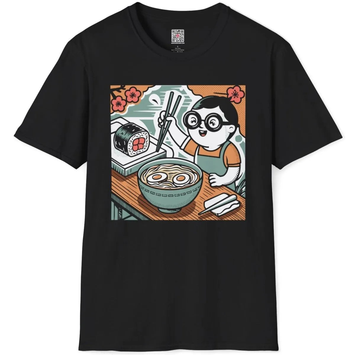 Comic-style ramen and sushi design on black flatlay t-shirt. ramen t-shirt, sushi t-shirt, foodie style