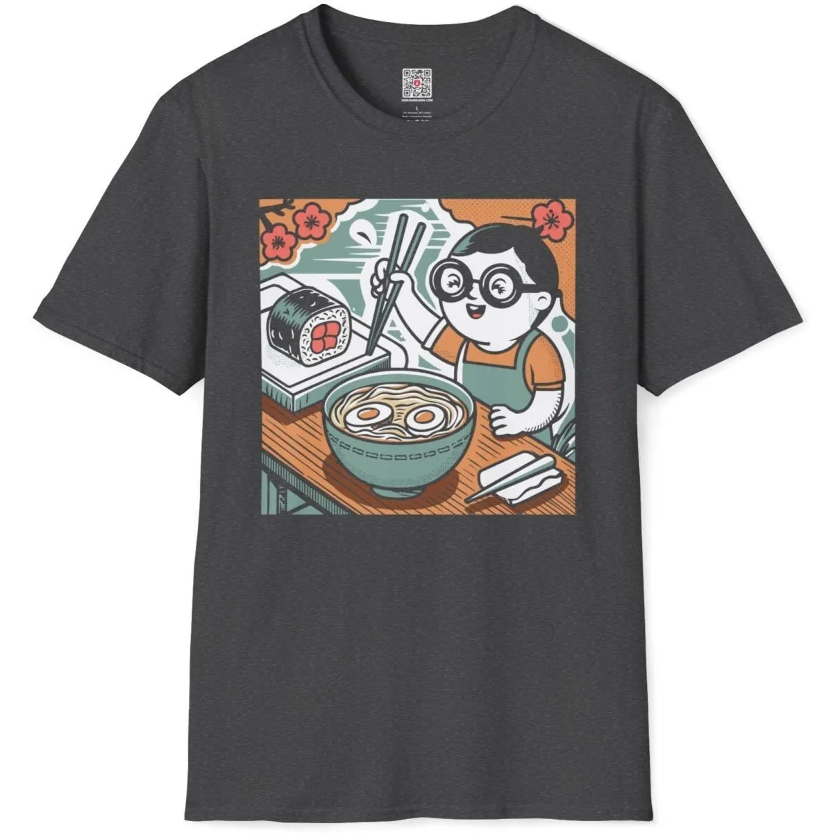 Comic-style ramen and sushi design on dark heather t-shirt. ramen t-shirt, foodie style