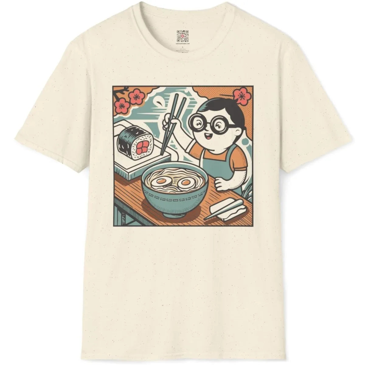Comic-style ramen and sushi design on natural flatlay t-shirt. ramen t-shirt, foodie style