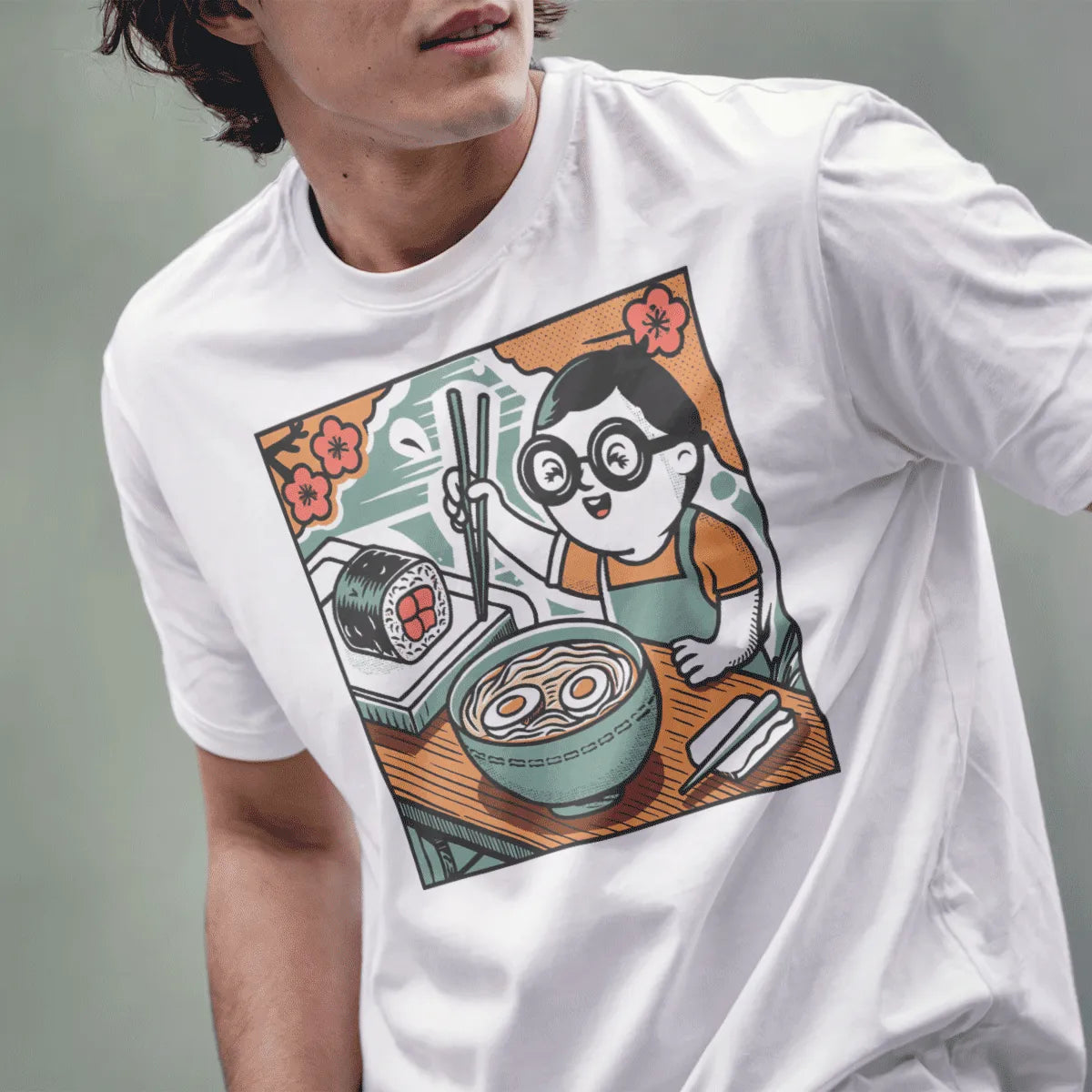 Boy with glasses and ramen bowl, comic art, white t-shirt on male model. ramen t-shirt, playful charm