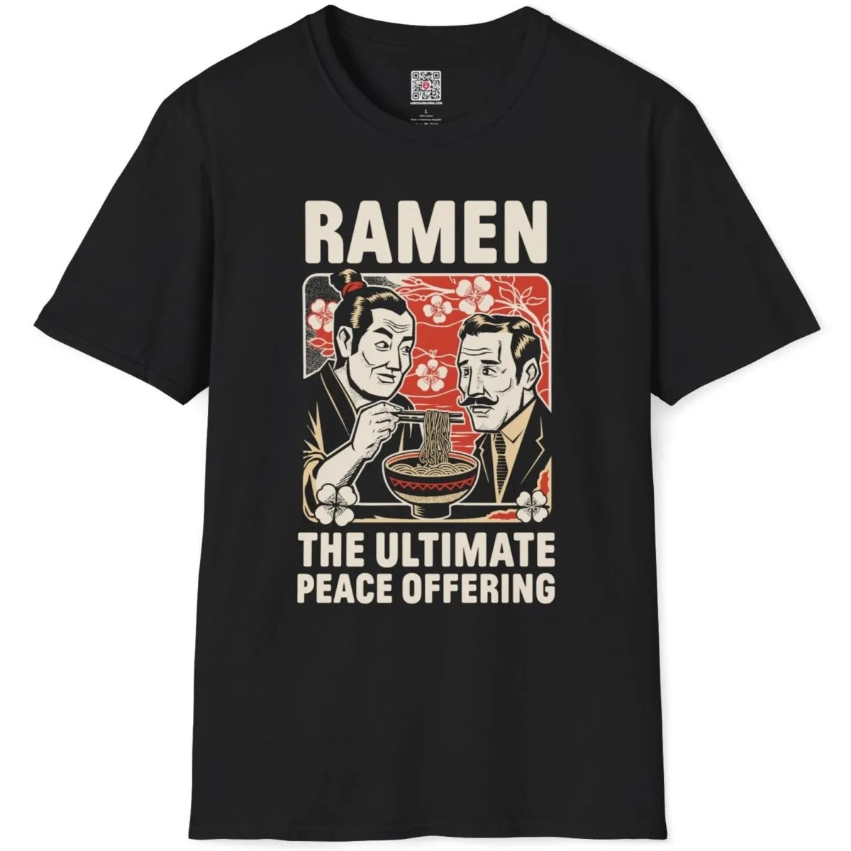 Black t-shirt flatlay with ramen peace design, wave patterns, and bold fonts.