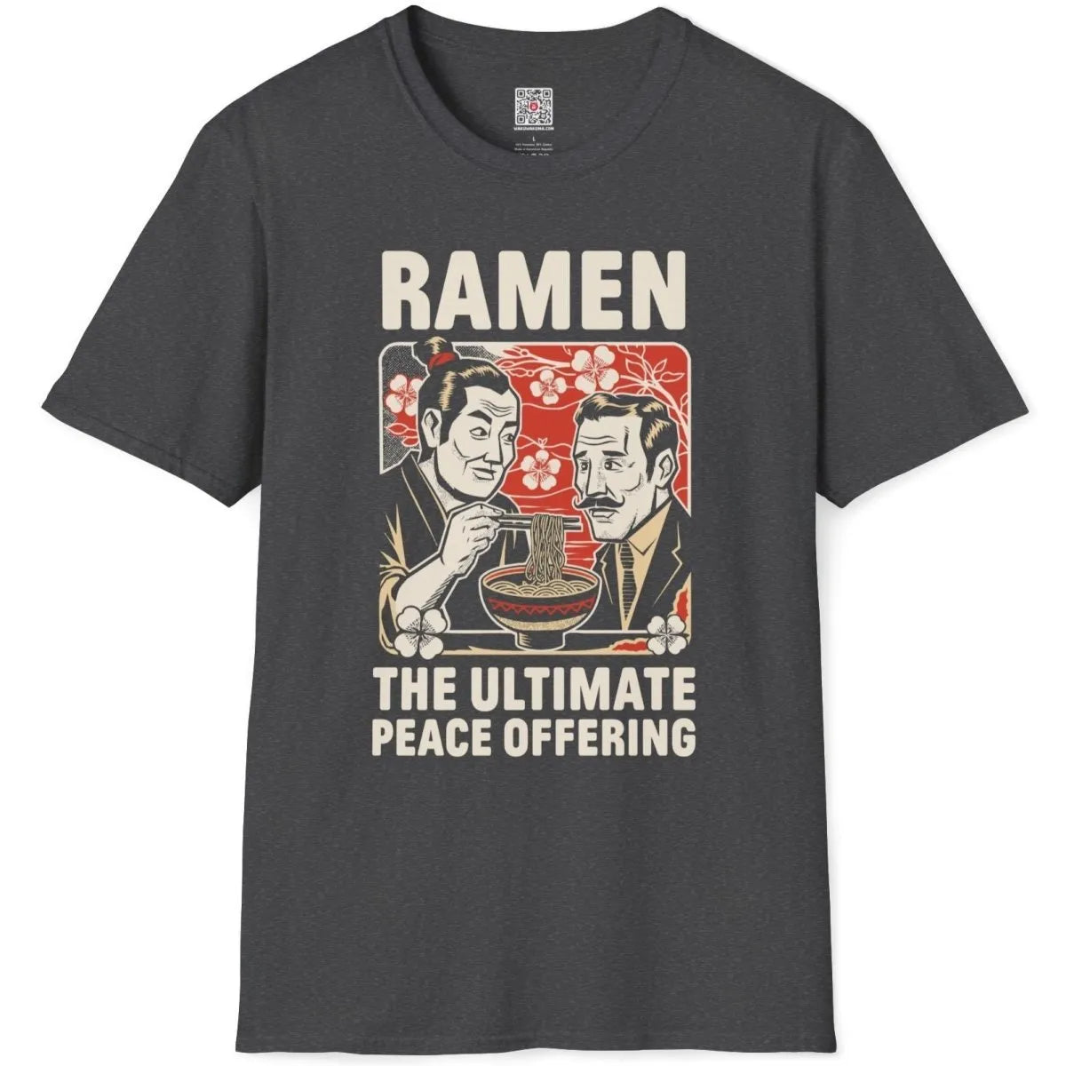 Dark heather t-shirt flatlay with ramen peace design, traditional Japanese art, and bold text.