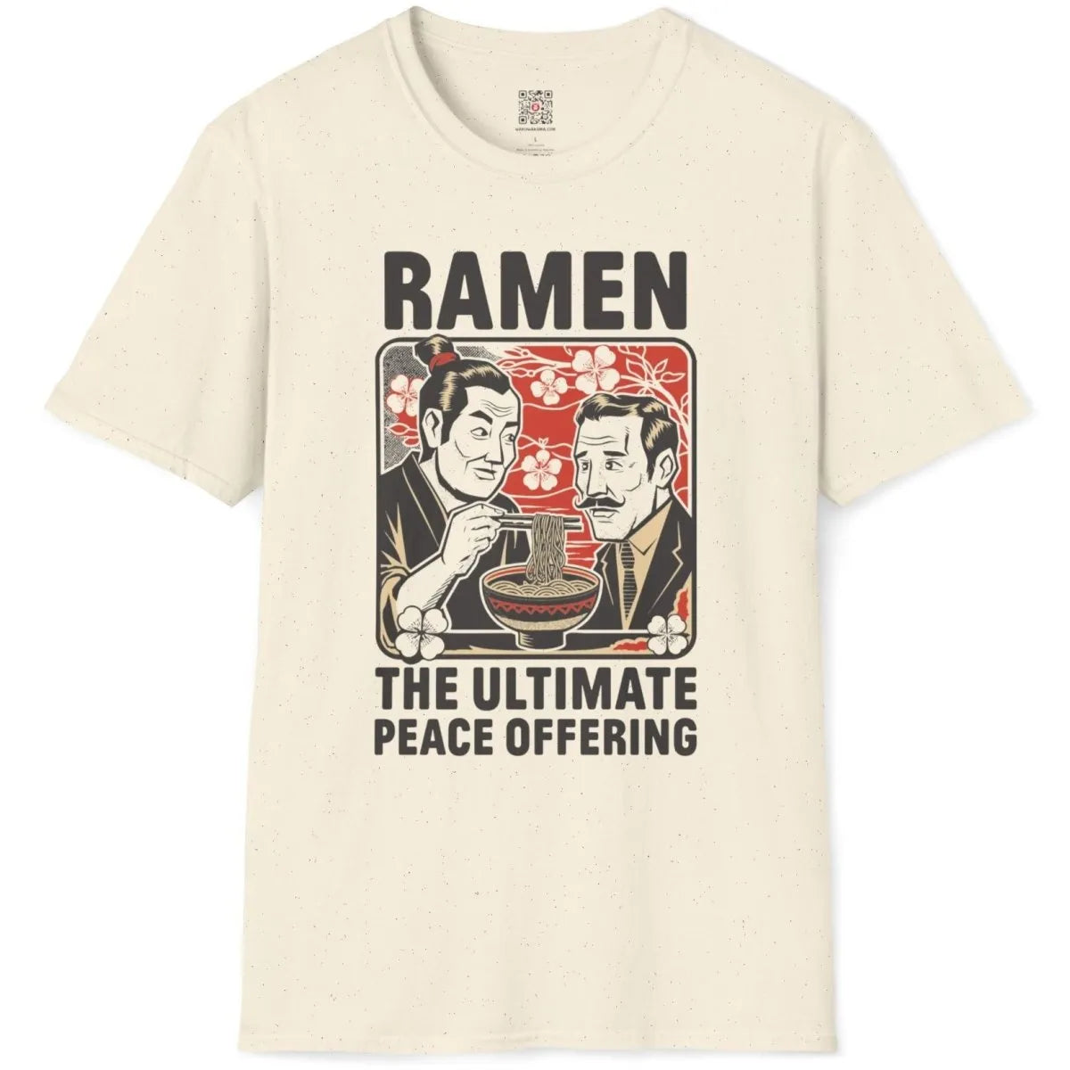 Natural t-shirt flatlay with ramen peace design, friendship theme, and vibrant background.