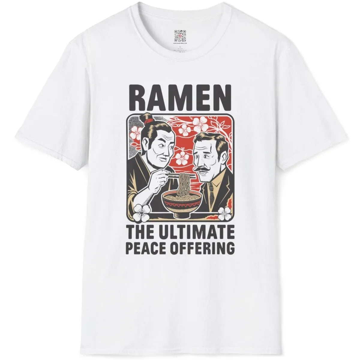 White t-shirt flatlay featuring ramen peace design, cultural fusion, and umami noodles.