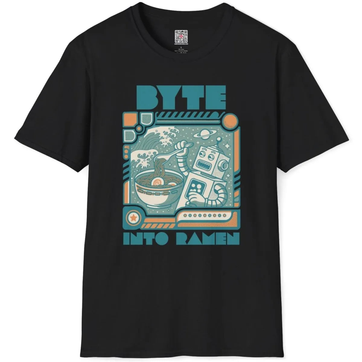 Black t-shirt flatlay with robot ramen design, dynamic composition, and space-themed food.