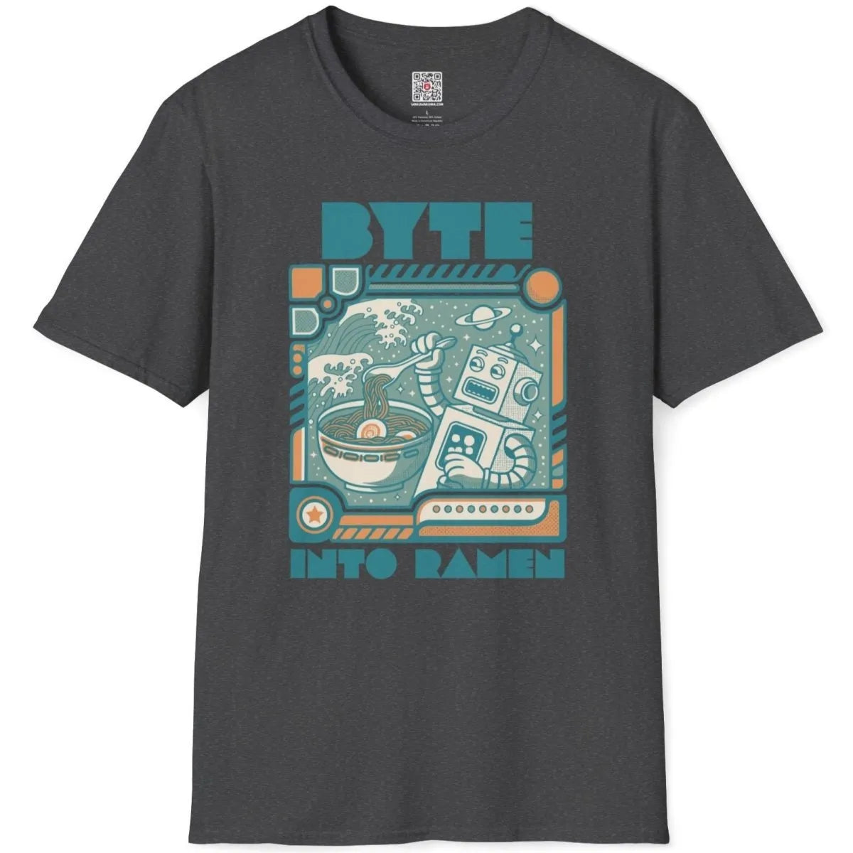 Dark heather t-shirt flatlay with robot ramen design, cosmic design, and bold text.