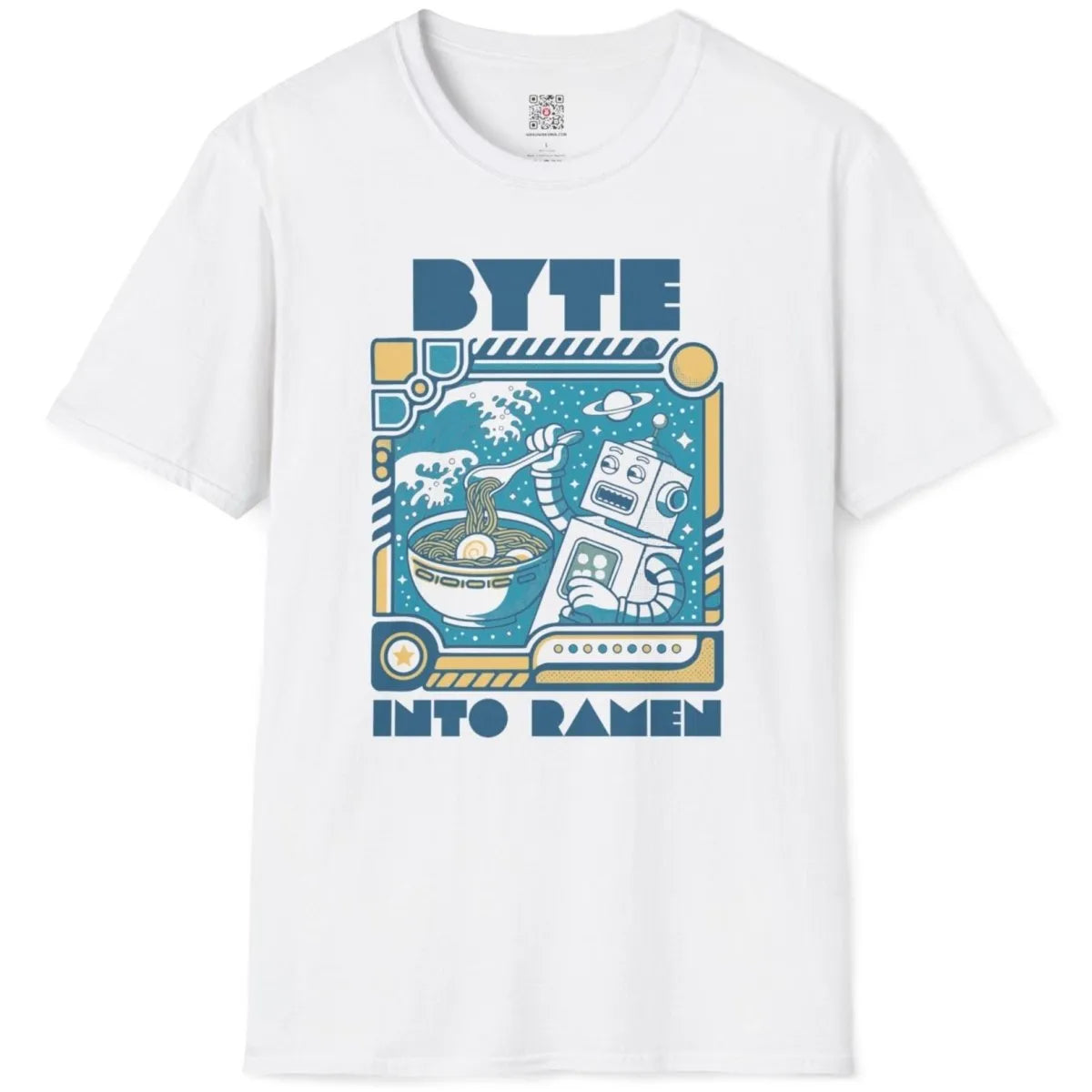 White t-shirt flatlay featuring robot ramen design, cyberpunk shirt vibe, and quirky shirt style.