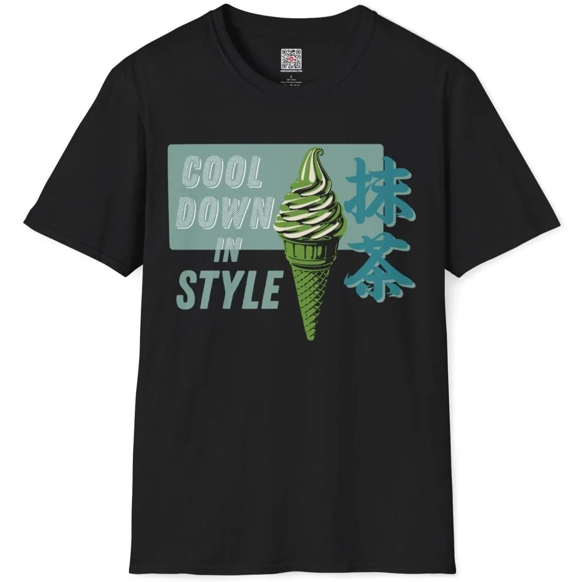Black t-shirt flatlay with green ice cream cone, retro typography, and Japanese text shirt elements.