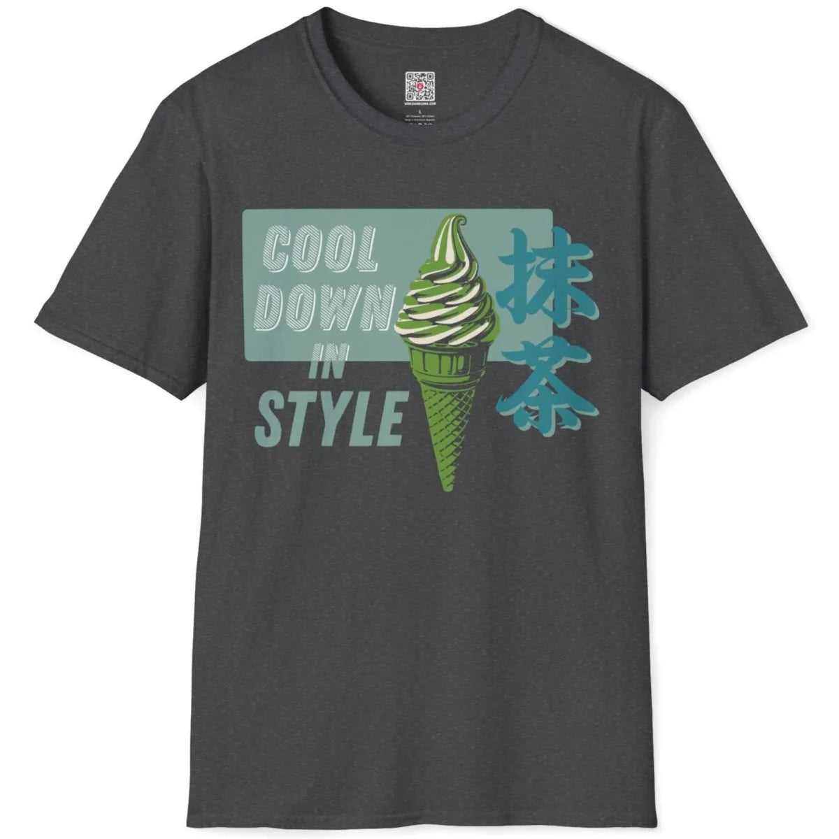 Dark heather t-shirt flatlay with vibrant matcha ice cream cone and Japanese characters, modern chic style.