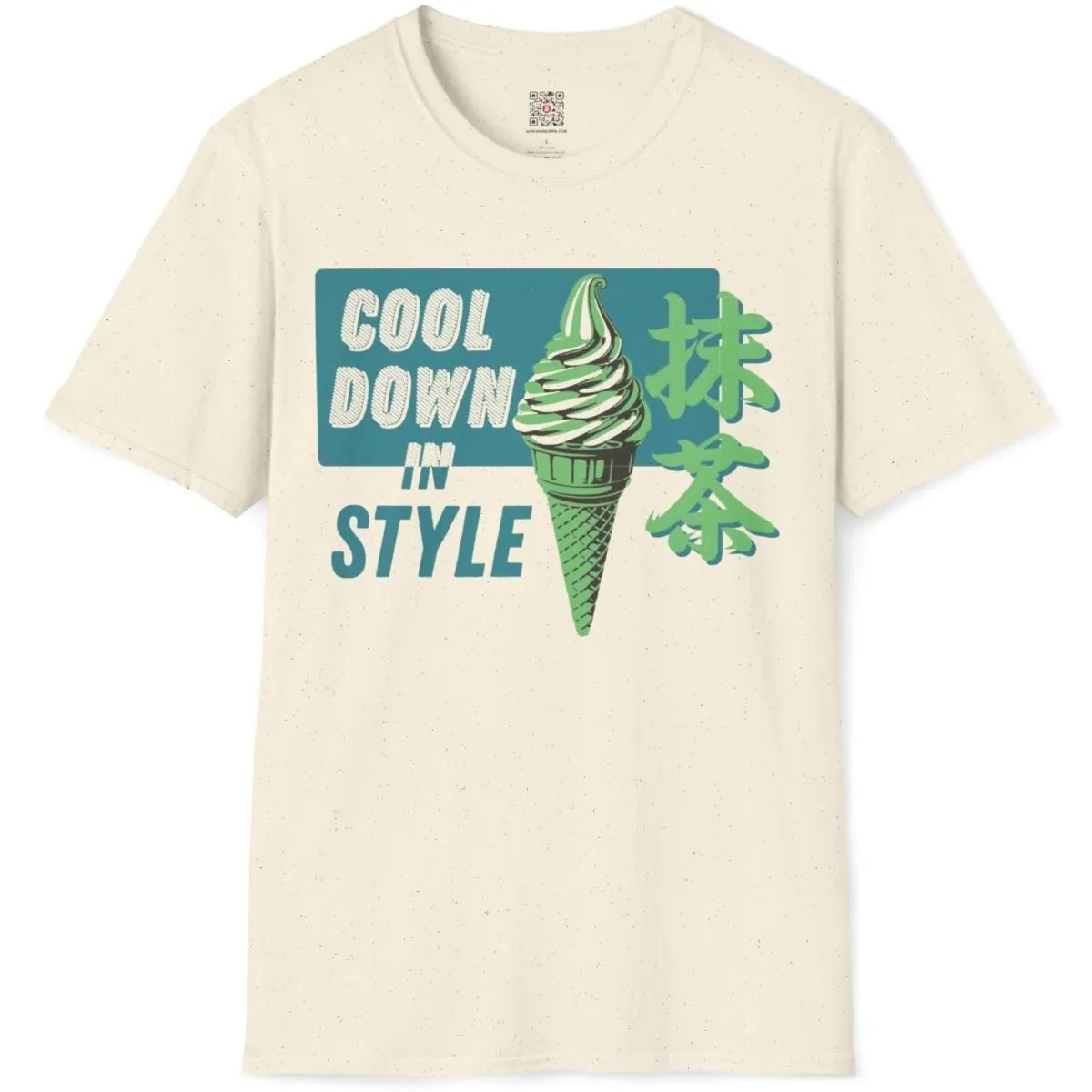 Natural t-shirt flatlay featuring green ice cream cone, retro typography, and cultural fusion design.