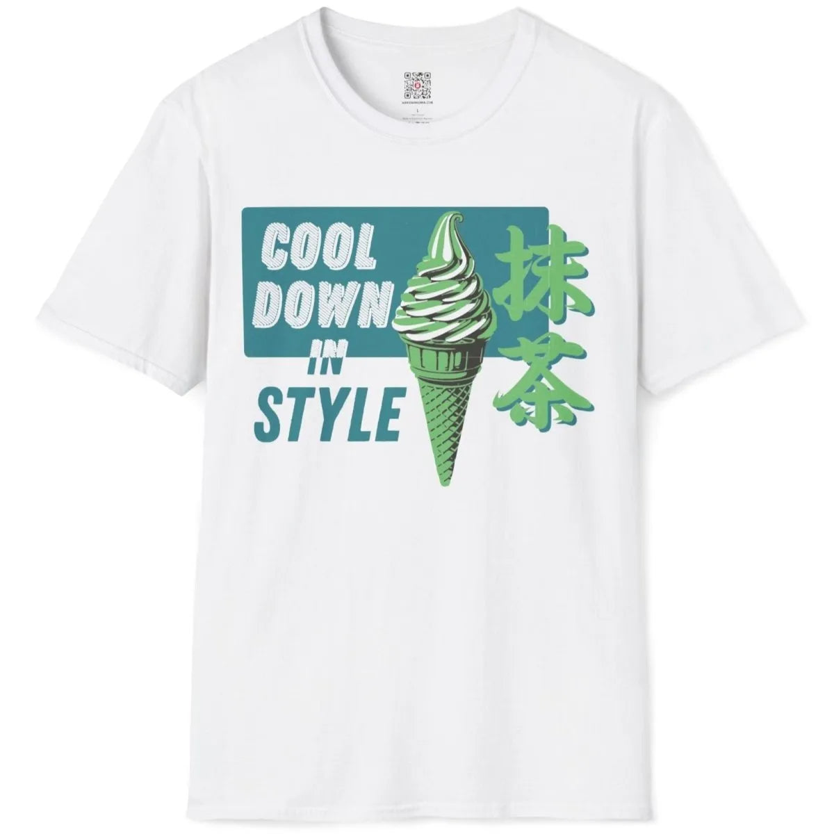 White t-shirt flatlay showing matcha ice cream art, bold retro text, and soothing teal palette.