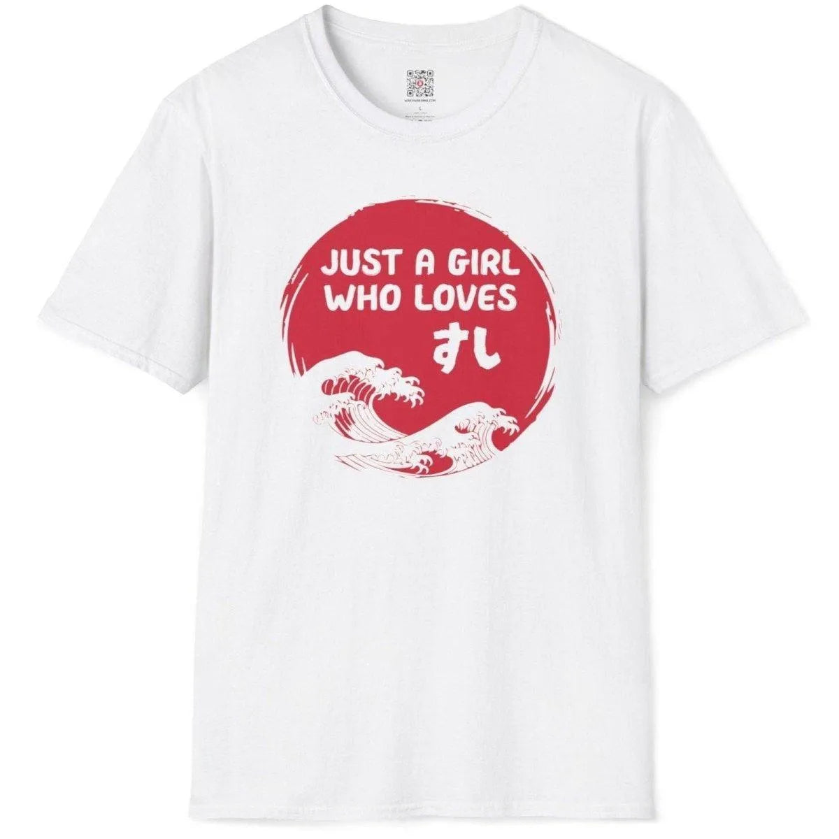 Flatlay of white sushi graphic tee with red emblem and stylized waves. Japanese wood block art, simple t shirt design.