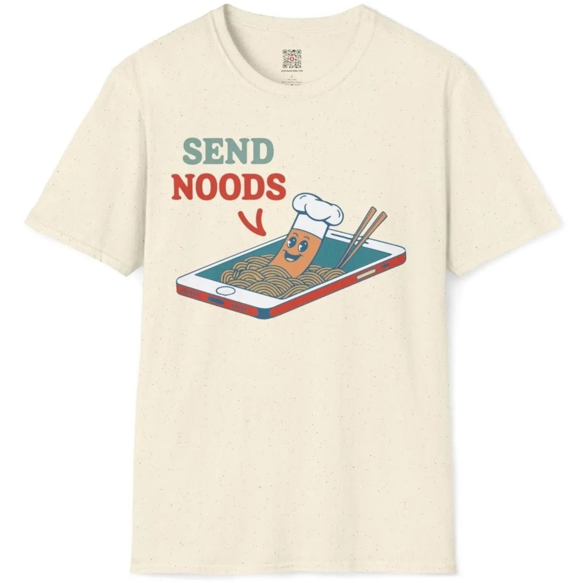 Natural t-shirt flatlay, cartoon “SEND NOODS” graphic with chef hat and chopsticks, noodle shirt, urban noodles.