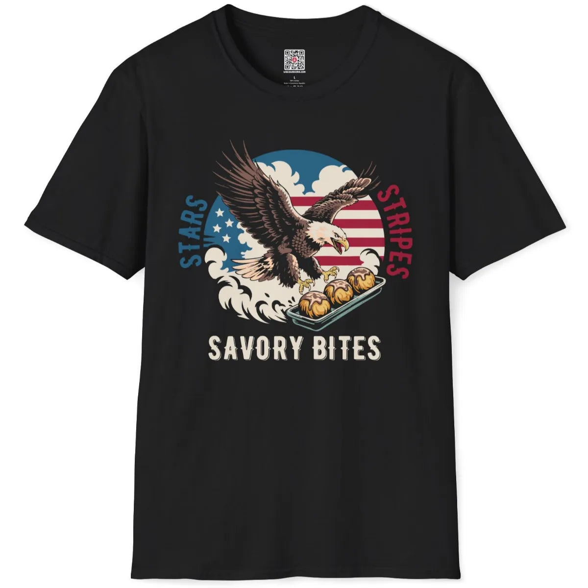 Black t-shirt flatlay with retro American eagle, takoyaki balls, and playful "Stars Stripes" text.