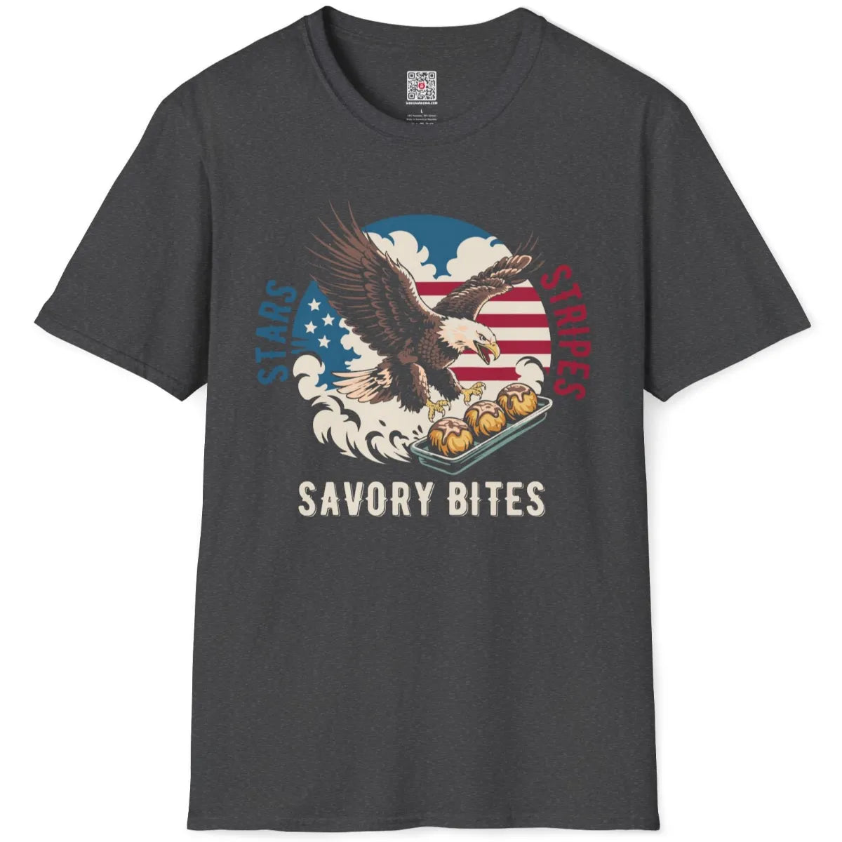 Dark heather t-shirt flatlay featuring cultural fusion of eagle, takoyaki, and strong red stripes.