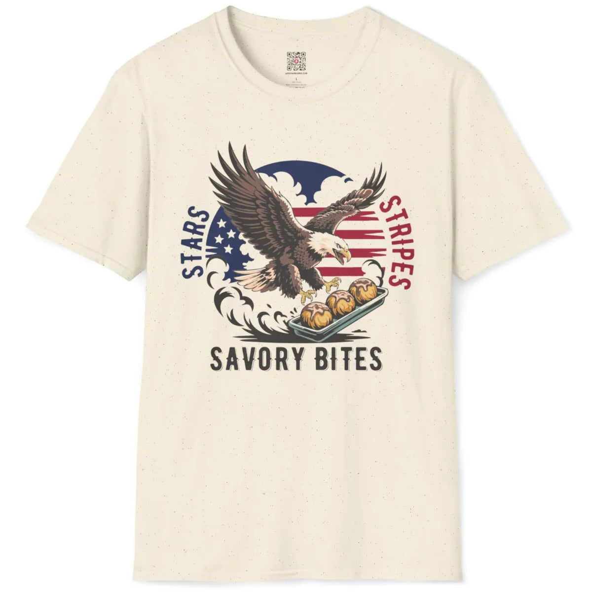 Natural t-shirt flatlay with graphic eagle, detailed takoyaki, and whimsical American flag elements.