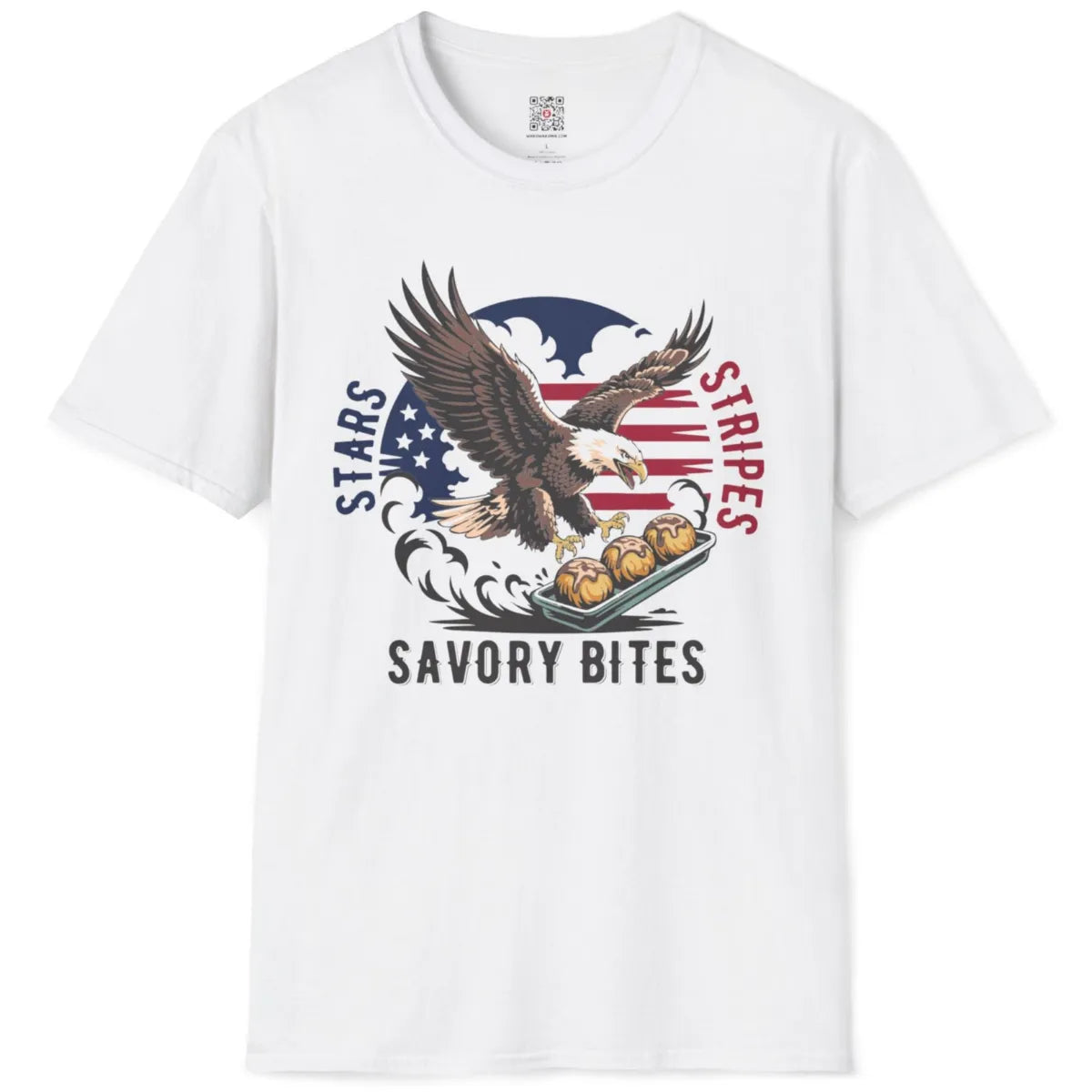 White t-shirt flatlay displaying bold eagle, Japanese street food, and vintage patriotic design.