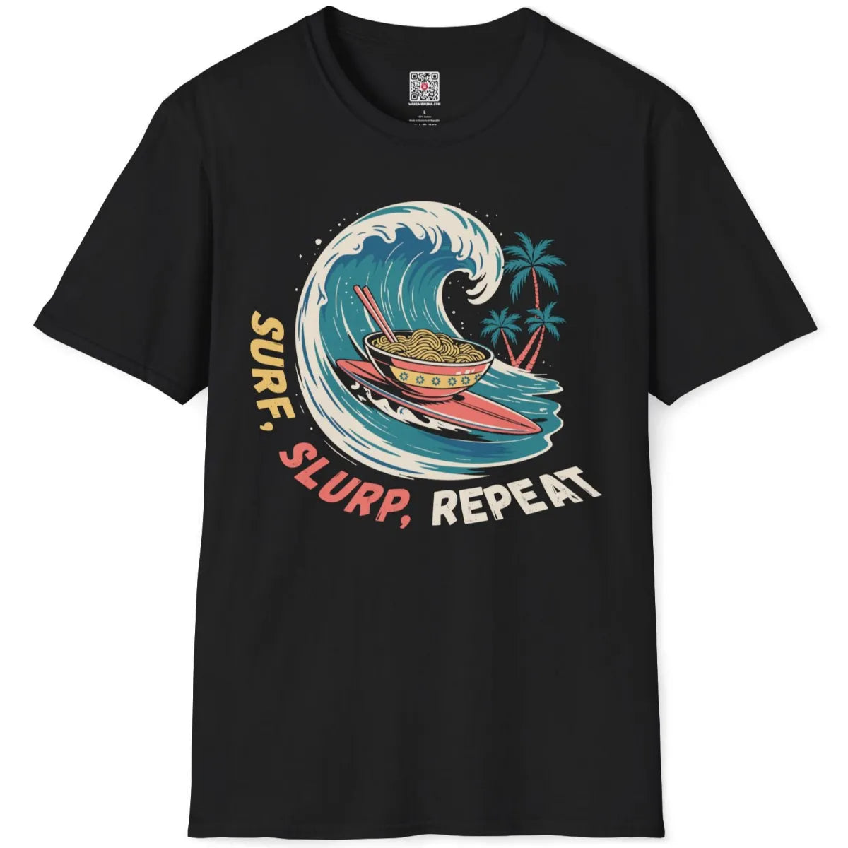 Black t-shirt flatlay with whimsical wave, steaming ramen bowl, and colorful tropical surf culture design.