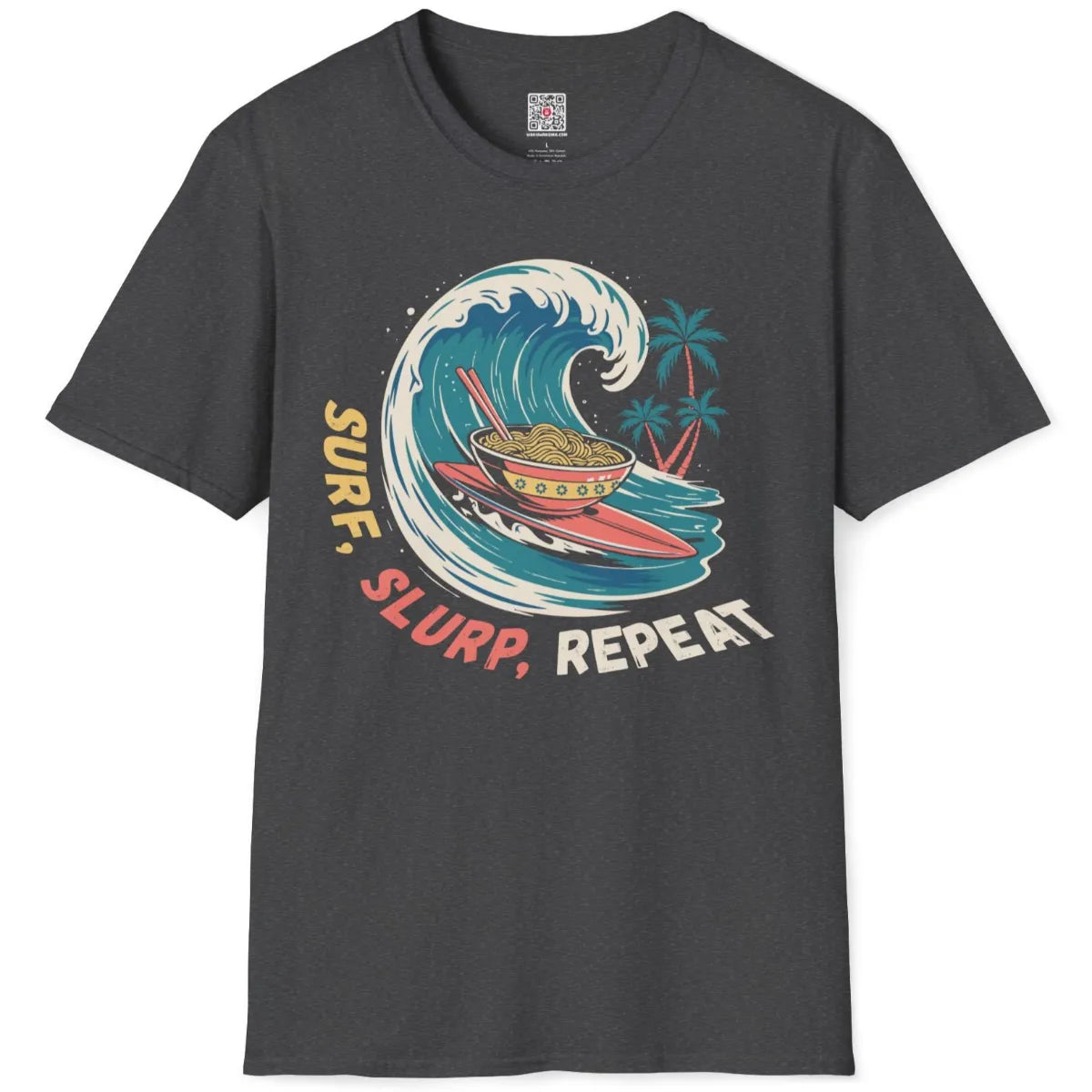 Dark heather t-shirt flatlay featuring graphic surf wave, ramen art, and palm tree accents in playful style.