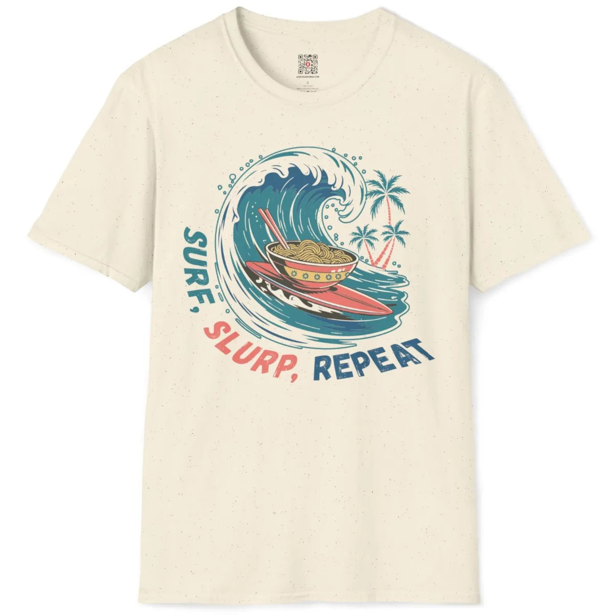 Natural t-shirt flatlay with bold ocean wave, ornate ramen, and retro surf Japan shirt vibe.