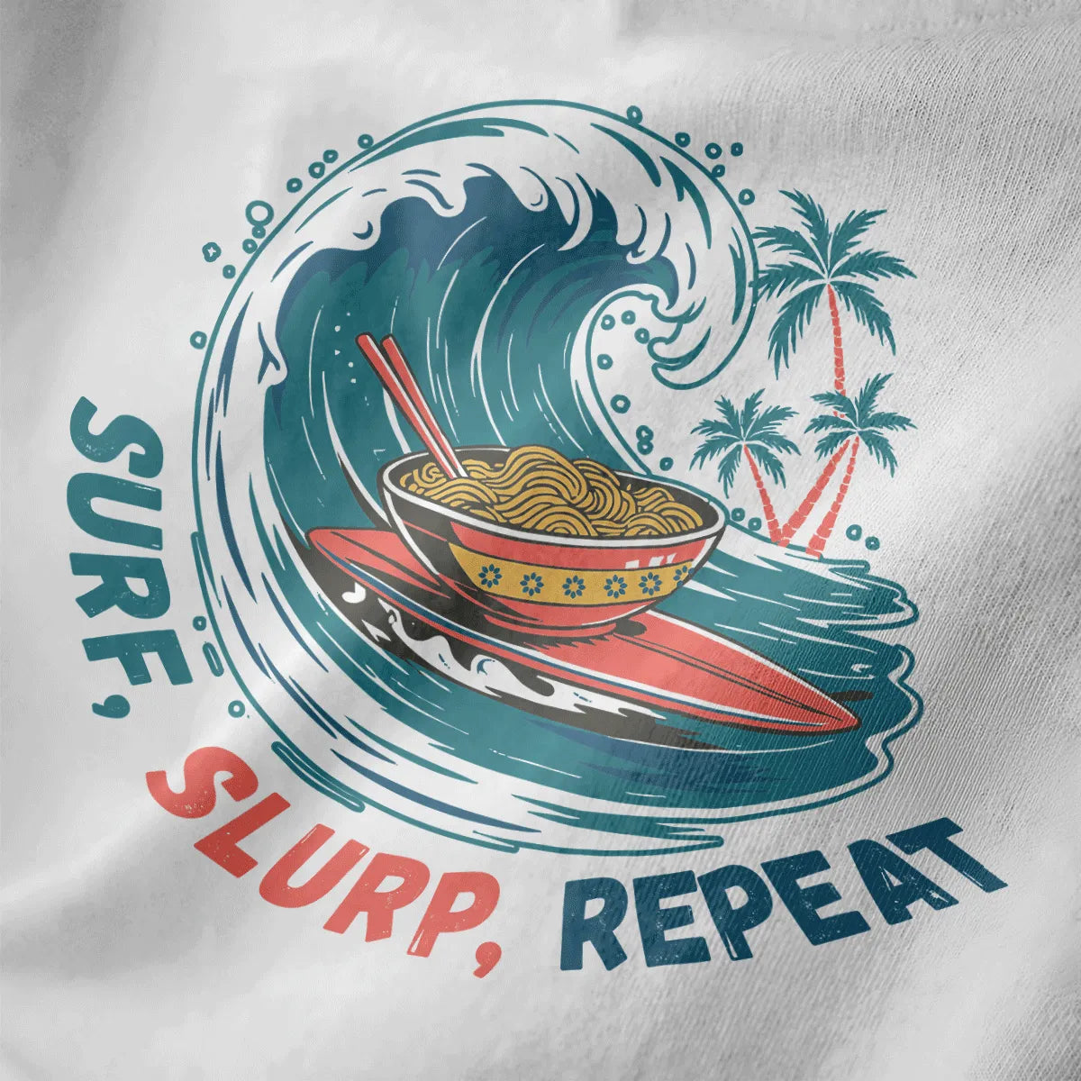 Close-up of white t-shirt fabric with teal ocean wave, red surfboard, and ornate ramen bowl with chopsticks.