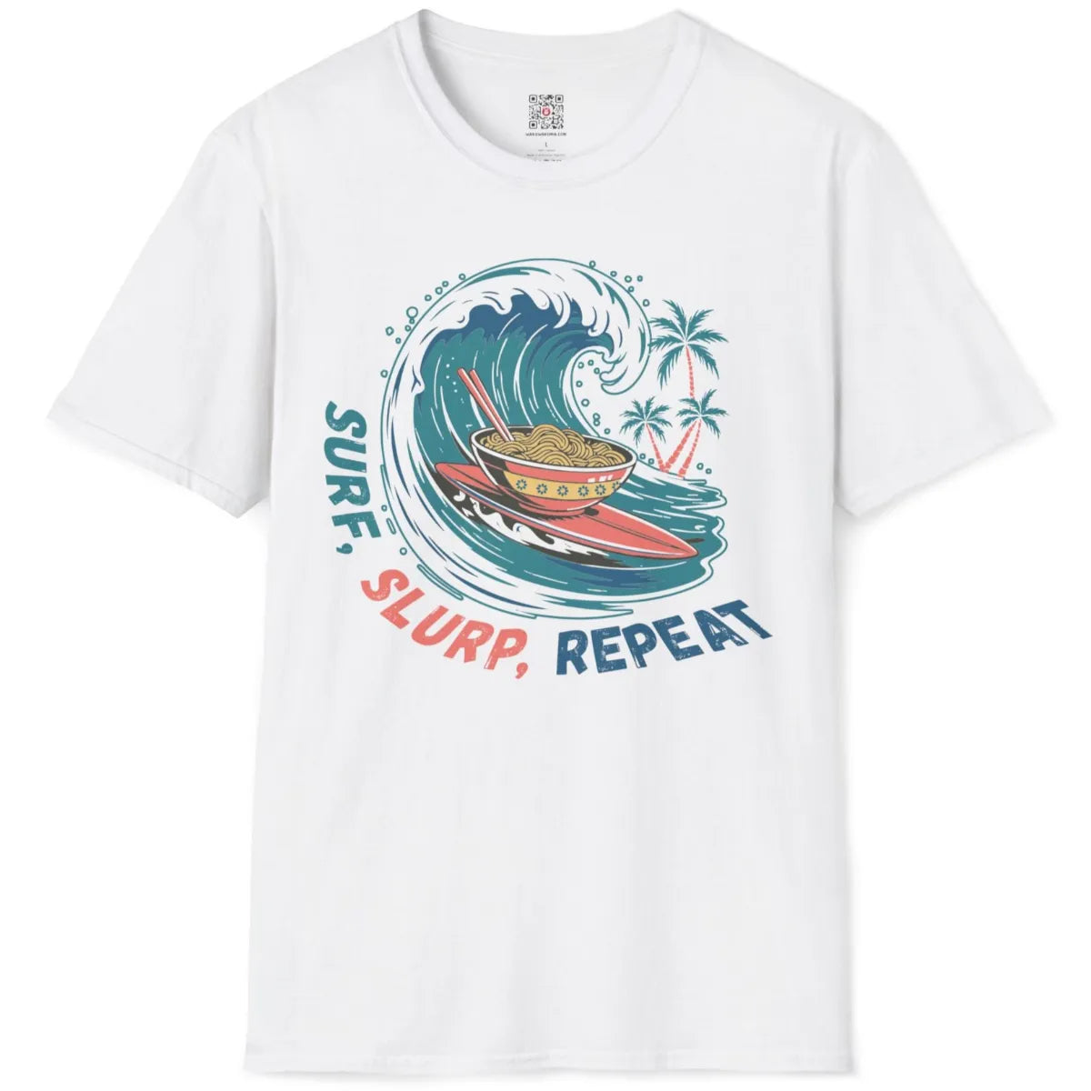White t-shirt flatlay displaying lively ocean wave, decorated ramen bowl, and energetic multicolor text.