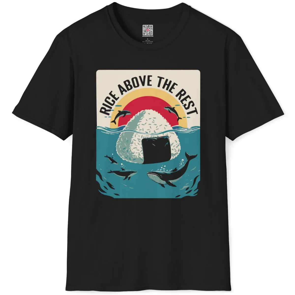 Black t-shirt flatlay with graphic rice ball, vibrant ocean, and uplifting sun in modern playful style.