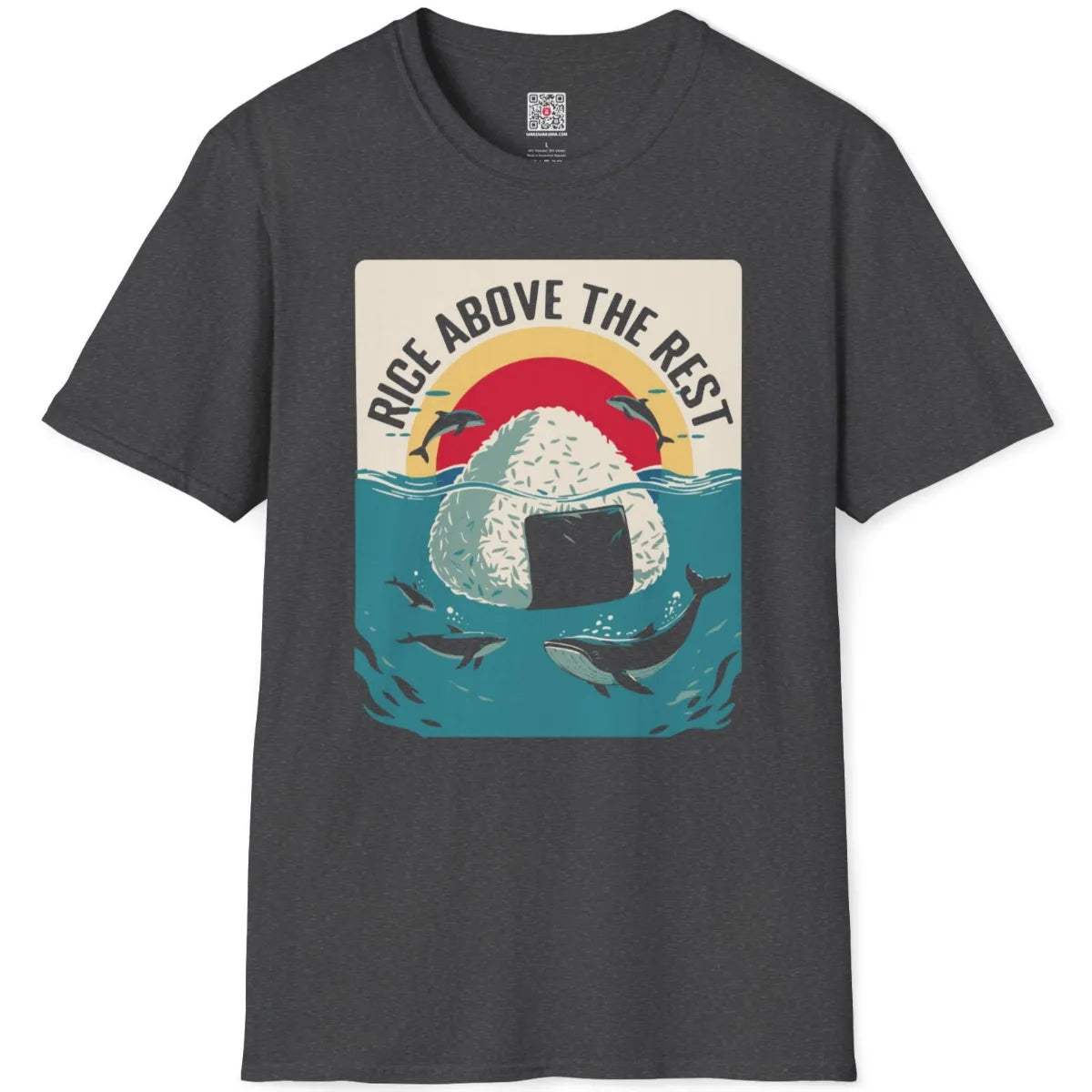 Dark heather t-shirt flatlay featuring harmonious onigiri, whales, and sunburst in contemporary graphic design.