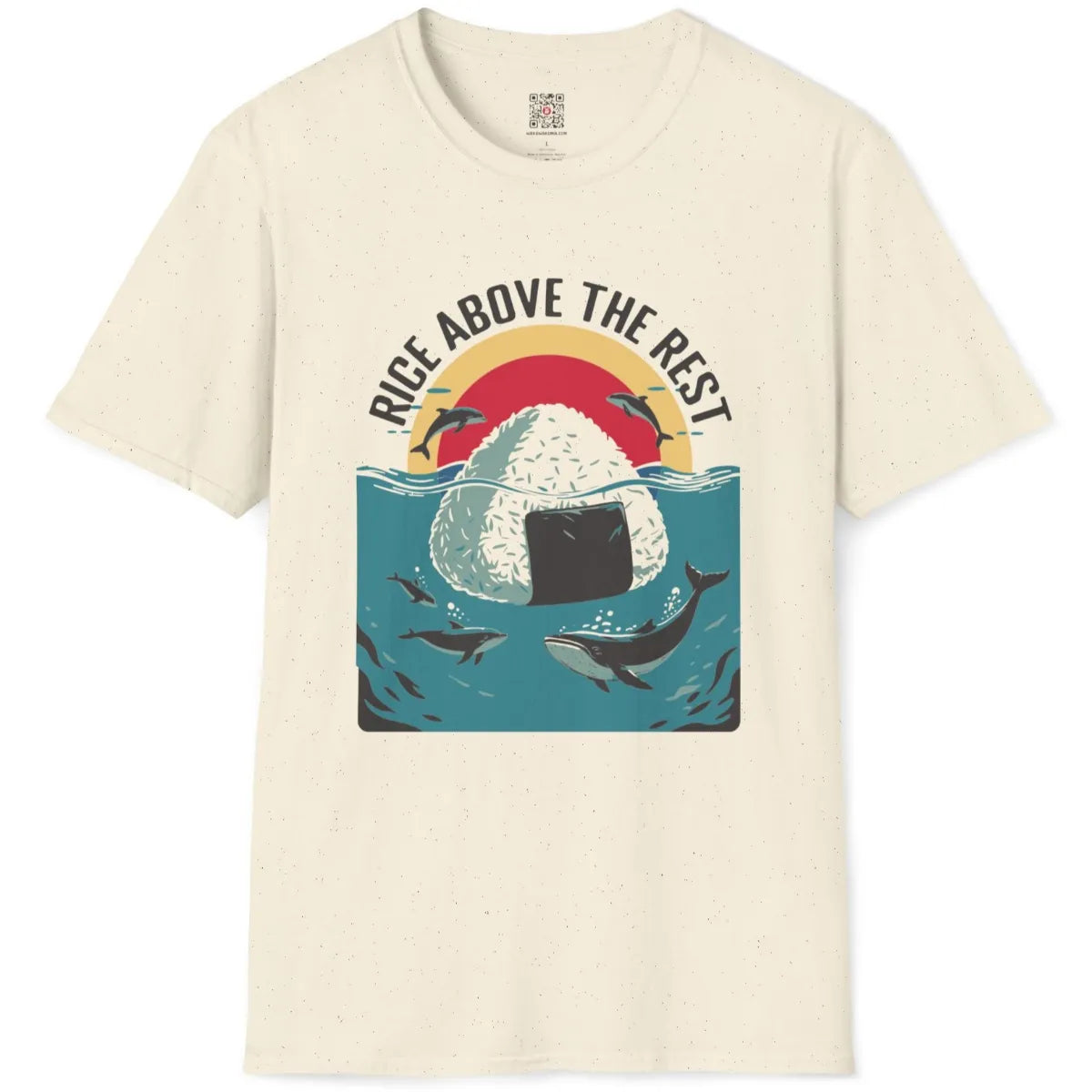 Natural t-shirt flatlay with creative rice ball, marine animals, and warm sun halo in vibrant background.