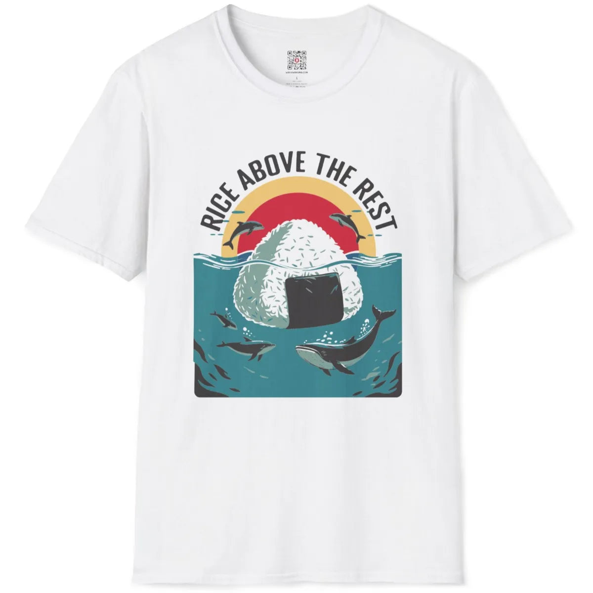 White t-shirt flatlay displaying textured onigiri, leaping dolphins, and bold curved “Rice Above the Rest” lettering.