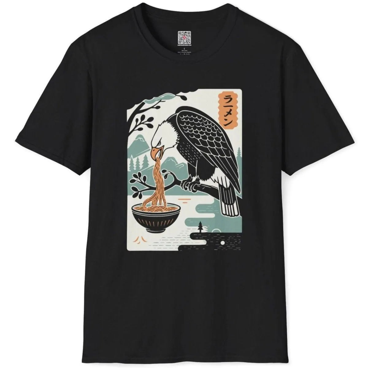 Black t-shirt flatlay featuring eagle with noodles, mountain river backdrop. ramen t-shirt, art t shirts