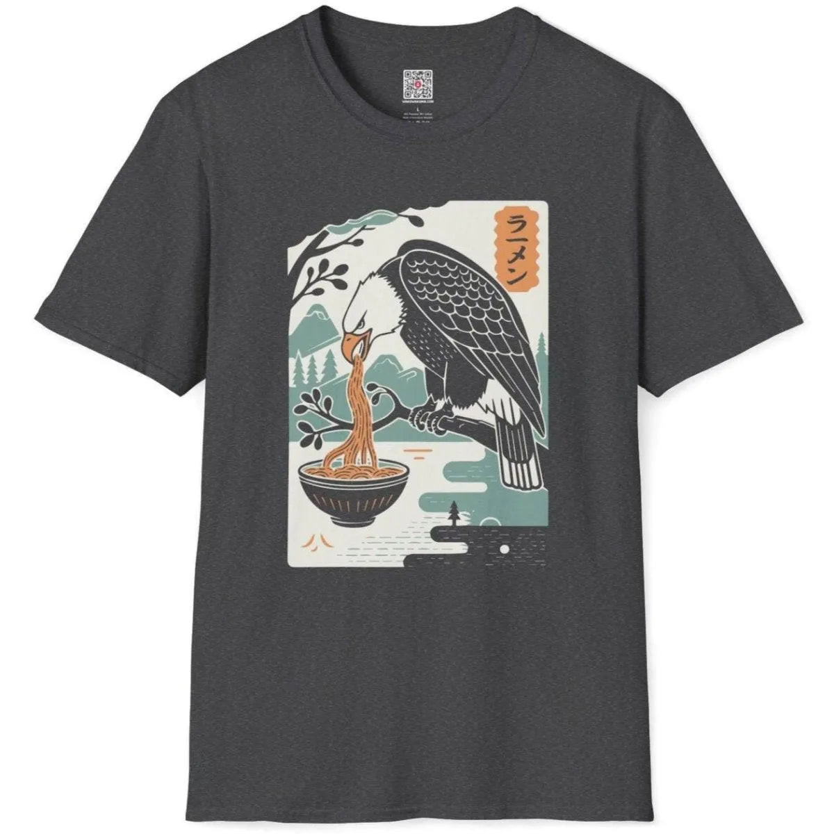 Dark heather t-shirt flatlay, eagle with noodles, traditional Japanese art. cultural symbolism, nature blend