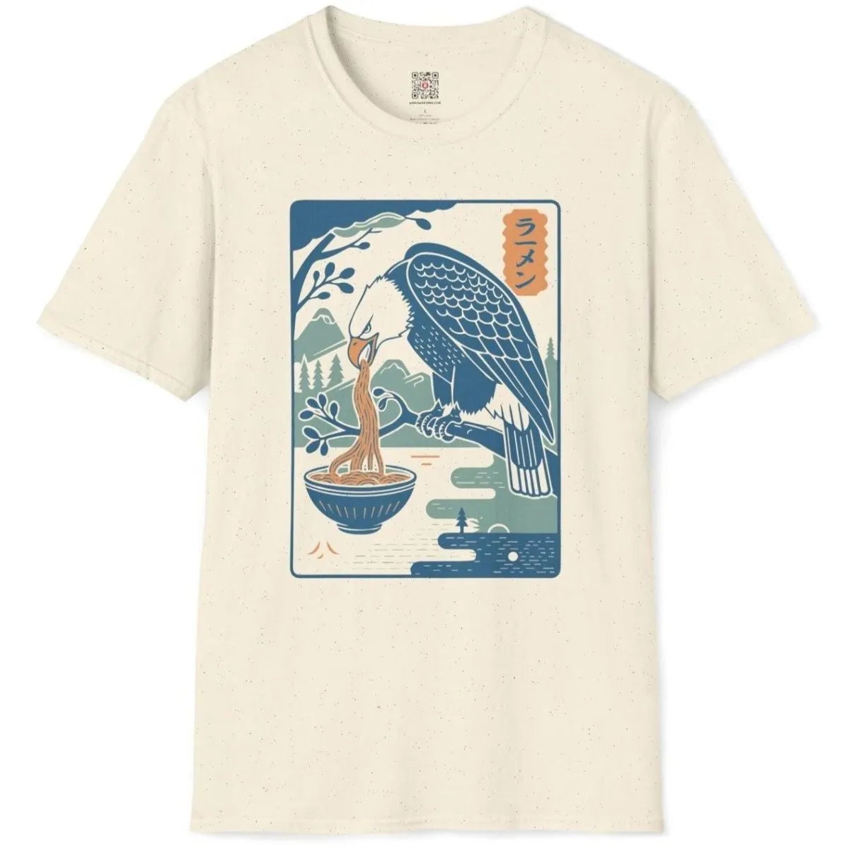 Natural t-shirt flatlay, eagle eating ramen, calm mountain landscape. scenery shirt, balanced composition