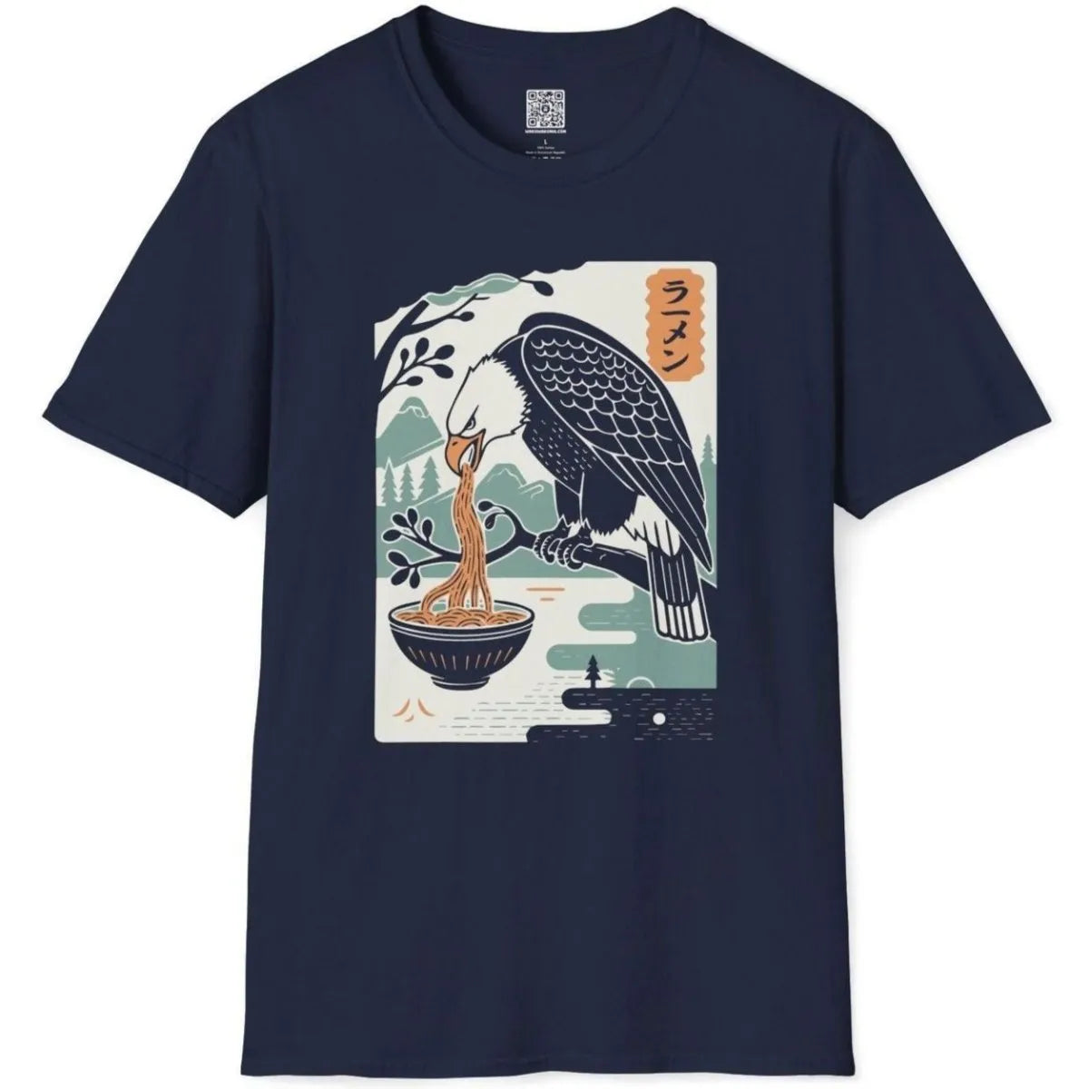 Navy t-shirt flatlay, eagle perched with noodles, fusion cuisine design. fusion cuisine, japanese t-shirts