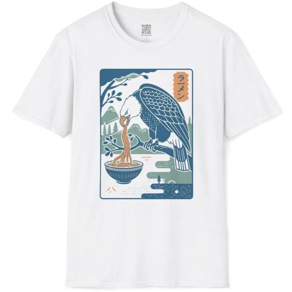 White t-shirt flatlay with eagle slurping ramen, peaceful scenery. japanese t-shirts, serene landscape