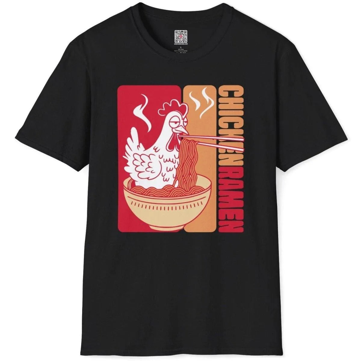 Black t-shirt flatlay with content chicken enjoying ramen, chicken ramen, ramen t-shirt, foodie style.