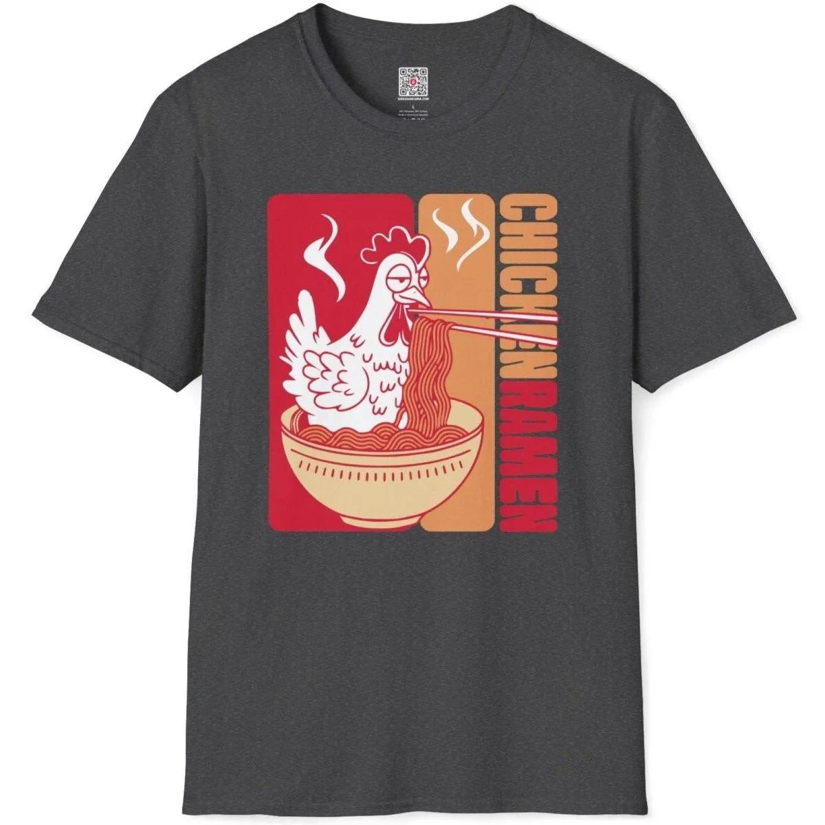Dark heather t-shirt flatlay with playful chicken eating ramen, chicken ramen, ramen t-shirt, contrast art.