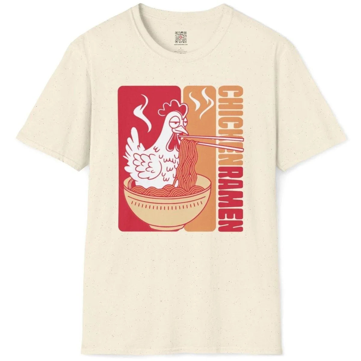 Natural t-shirt flatlay with white chicken enjoying ramen, chicken ramen, ramen t-shirt, dynamic composition.