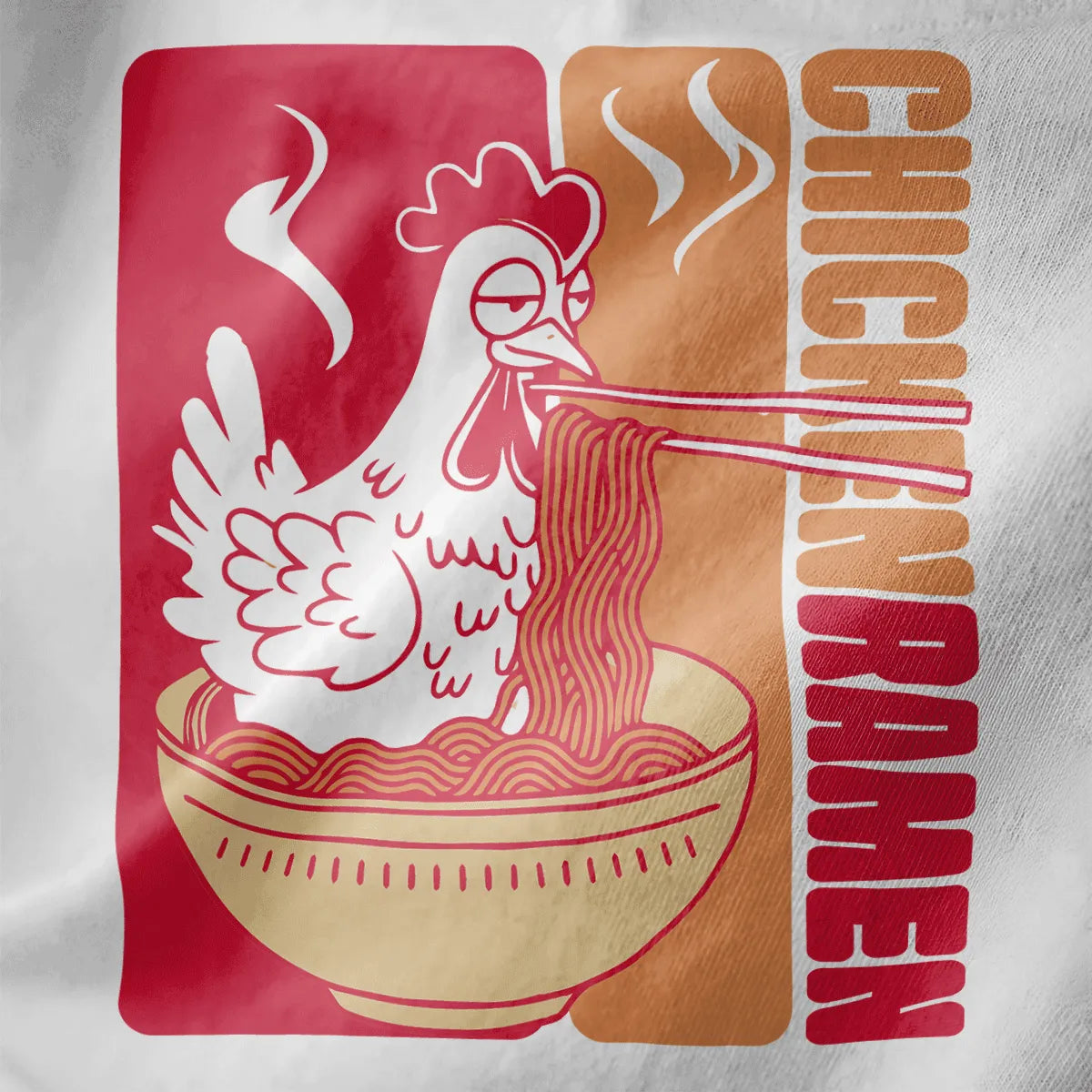 Playful white chicken eating ramen on white fabric, chicken ramen, ramen t-shirt, whimsical illustration.
