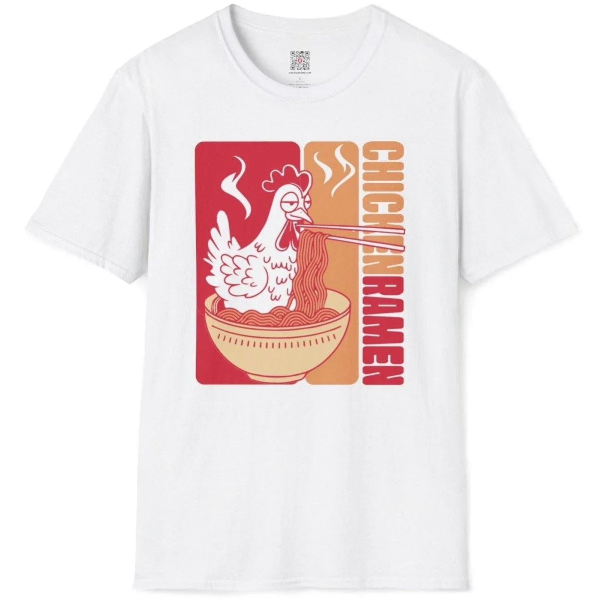 White t-shirt flatlay featuring chicken with ramen bowl, chicken ramen, ramen t-shirt, bold typography.