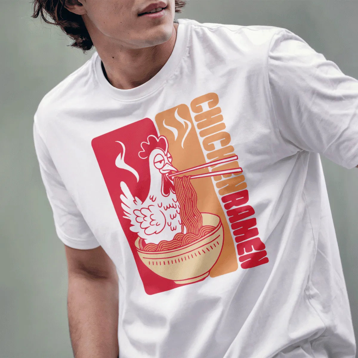 Male model in white t-shirt with happy chicken slurping ramen, chicken ramen, ramen t-shirt.