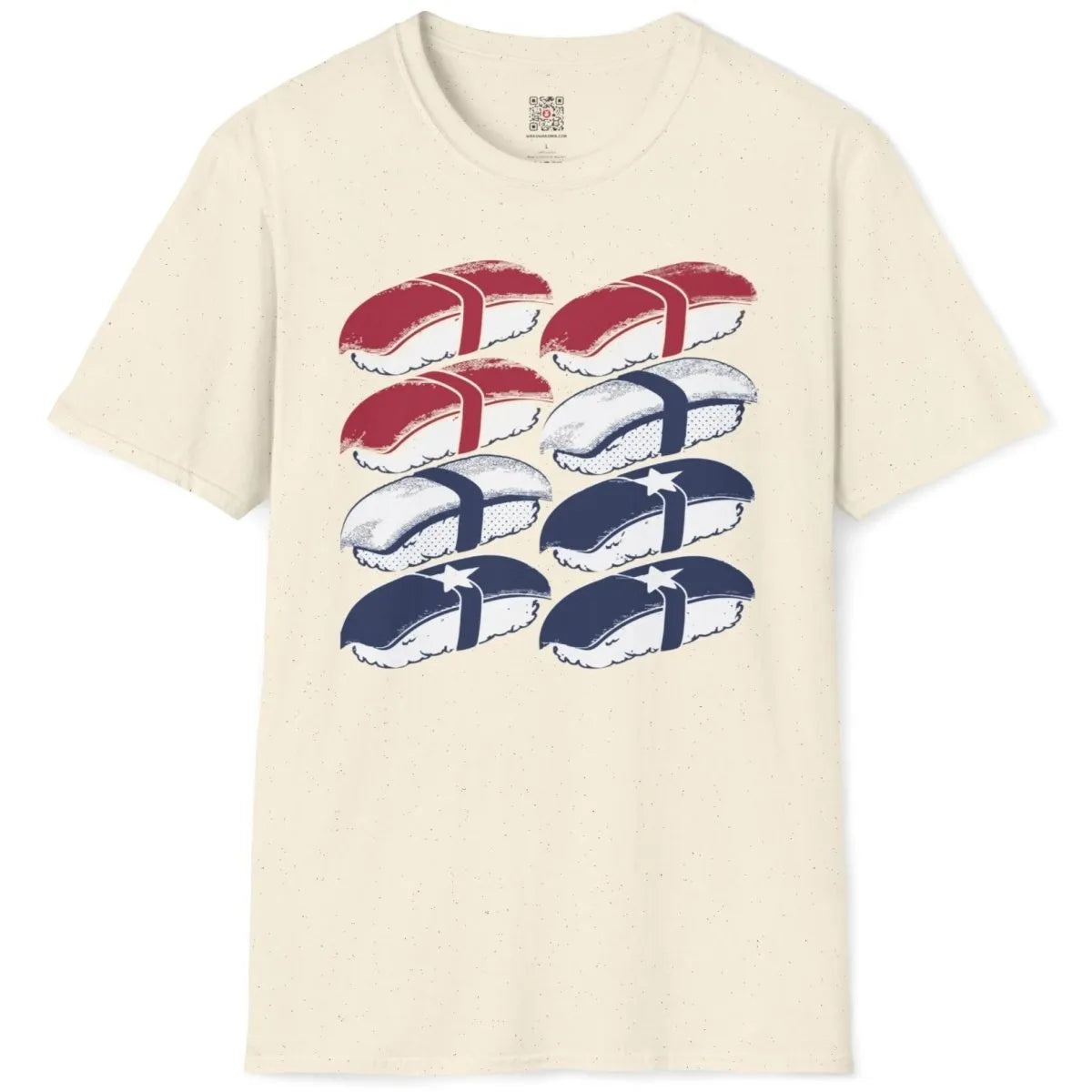 Natural t-shirt flatlay with sushi grid design, sushi shirt, vibrant style.