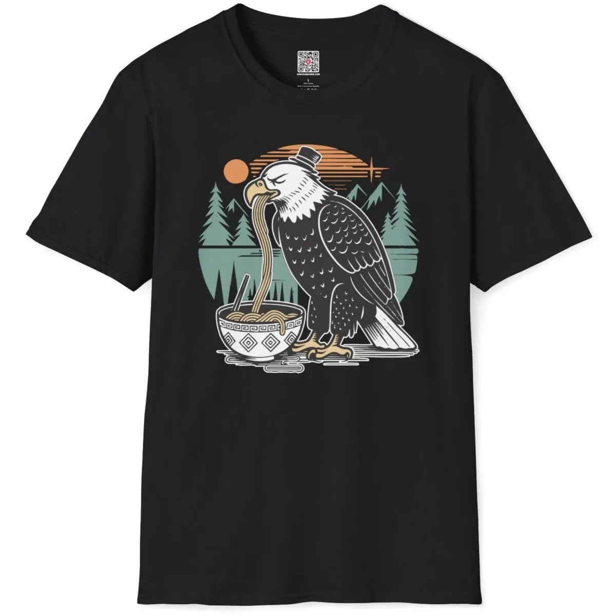 Black flatlay t-shirt with eagle and noodles, ramen t-shirt, cultural hybrid.