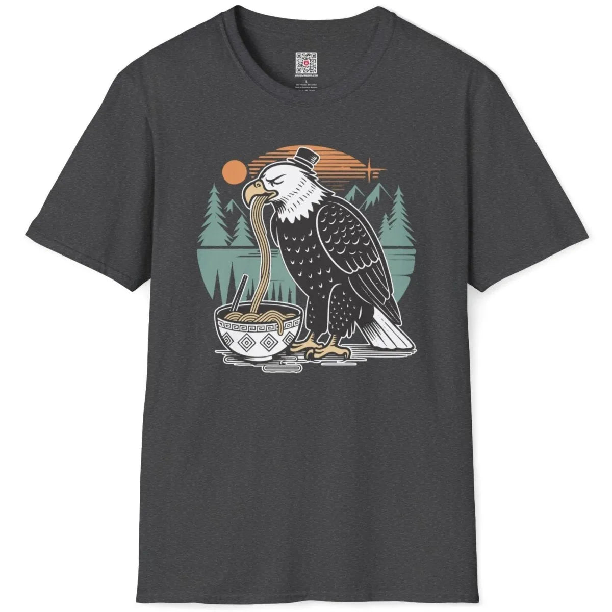 Dark heather flatlay t-shirt with eagle and bowl of noodles, ramen t-shirt, retro modern.