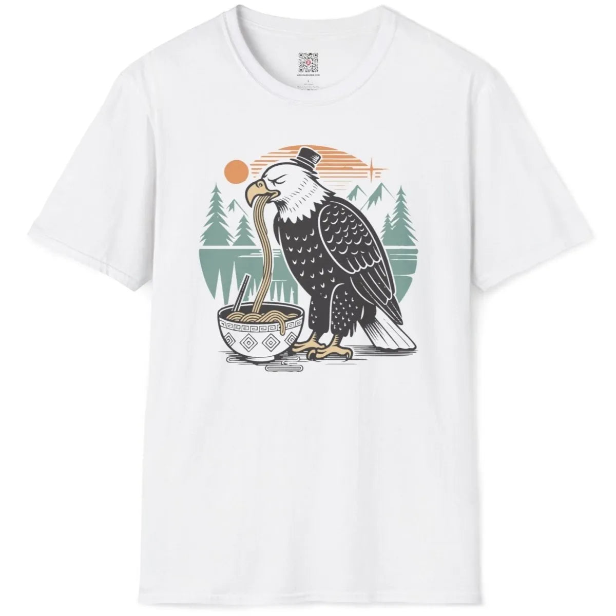 White flatlay t-shirt with eagle savoring noodles, junk food shirt, tranquil landscape.