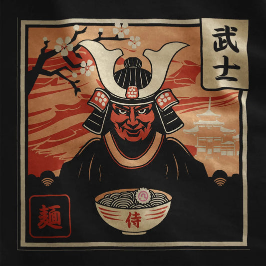 Samurai with bowl of noodles and cherry blossoms on black shirt, ramen t-shirt, japan samurai armor.